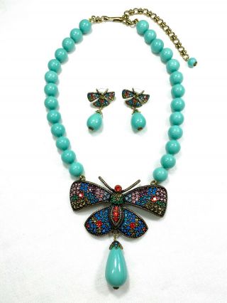 Vintage Heidi Daus Rare Butterfly Turquoise Bead Necklace Swarovski Earrings Set