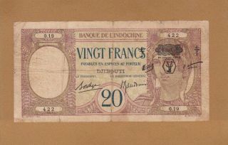 Djibouti French Somaliland 20 Francs 1943 P - 12 Forgery Provisional Issue Rare