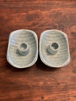 Vtg Red Wing Pottery Rare Basket Weave Candle Holders Blue Speckled Perfect