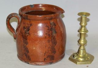 Rare 19th C Pennsylvania Redware Cider Jug With Handle With Black Decoration