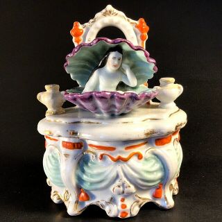 Antique Conta Boehme Fairing Trinket Box Rare Mermaid In Seashell 4 1/4 " H Gypsy