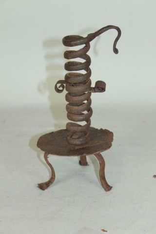 Very Rare 17th C Pilgrim Wrought Iron Adjustable Spiral Candlestick Scrolled Leg