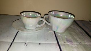 3 Rare Fire King Aurora Moonglow Swirl Tea Cups & Saucer Set