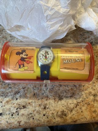 Bradley Time Mickey Mouse Wrist Watch In Case Blue Band Vintage Rare
