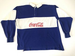 Vintage 80s 90s Coca Cola Long Sleeve Blue White Polo Rugby Men’s Large Rare