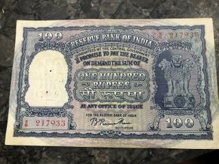 Number7933 India 100 Rupees P43c 1957 Tiger Elephant Dam Xf Money Bill Rare Bank