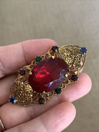 Vintage Ruby Red Oval Stone Gold Tone Brooch Pin Rare Filigree Multicolored
