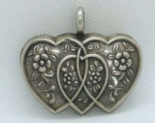 Rare Antique Vintage Victorian Sterling Floral Triple Heart Rattle Pendant 15.  9g