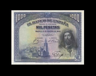 1928 Bank Of Spain 1000 Pesetas Madrid Rare ( (aunc))