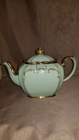 Rare Vintage Sadler England Cube Teapot Green/aqua Gold Trim