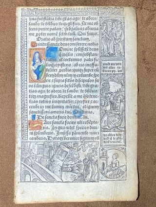 Rare Medieval Printed Vellum Book Of Hours Leaf W/ Painted Miniature,  C.  1520