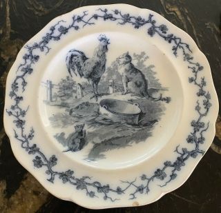 Brown,  Westhead,  Moore & Co Fables Blue Plate Rooster Cat Rat Rare 1800’s