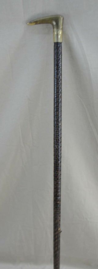 Rare Vintage Leather Weaved Wrapped Cane Walking Stick Brass Handle & Tip 36 "