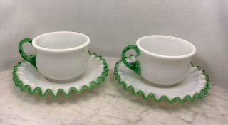 Set Of 2 Vintage Fenton Milk Glass Emerald Green Crest Tea Cups& Saucers Rare