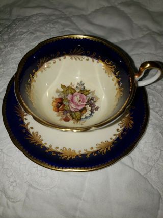 Rare Aynsley Cabbage Rose Teacup And Saucer Signed J A Bailey - Cobalt Blue