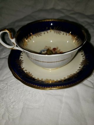 RARE Aynsley Cabbage Rose Teacup and Saucer Signed J A Bailey - cobalt blue 2