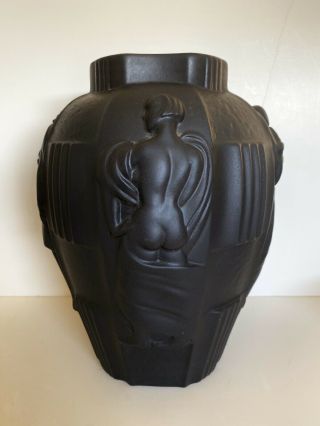 Rare Vintage Art Deco Black Vase Circa 1930’s High Reliefs - 10” Tall