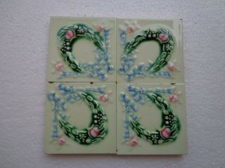 Old Vintage Rare Art Nouveau Majolica Ceramic Tiles Made In Japan 4 Pc 3x3 Inch