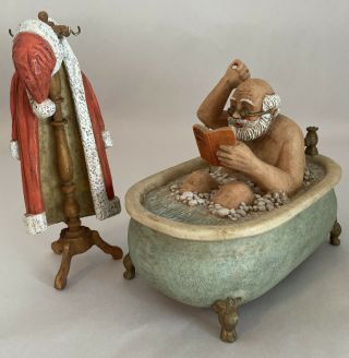 Vintage Kurt Adler Santa In Bath Tub Music Box 2 Piece Set Animated Rare.  Htf