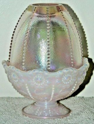 Rare Fenton Pink Carnival Glass Beaded Sunflower Fairy Tea Lamp Light Candle Hol