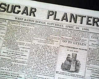 Rare West Baton Rouge Louisiana The Sugar Planter 1866 Post Civil War Newspaper