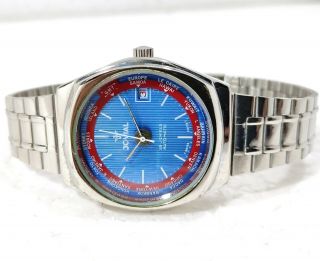 Jovial Swiss 25 Jewels World Time Automatic Gmt Blue Dial Men 