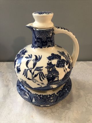 Vintage Japan Blue Willow Carafe Pitcher & Rare Warmer Base Exc.  Cond