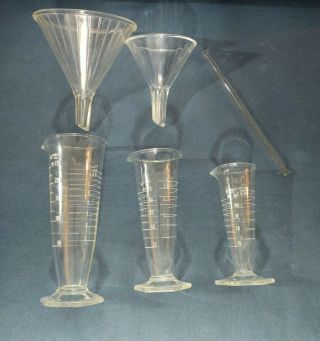 Antique Beakers Funnels Stir Rare 2,  4 & 8 Oz Etched Kimax Usa Glass Vintage