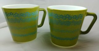Two Vintage Rare Corning Pyrex Avocado Green Turquoise Flowers 1410 D Handle Mug
