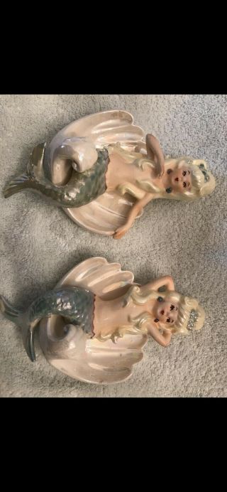 Rare Vintage Lefton Mermaids On Clam Shell Wall Plaque Set Of 2