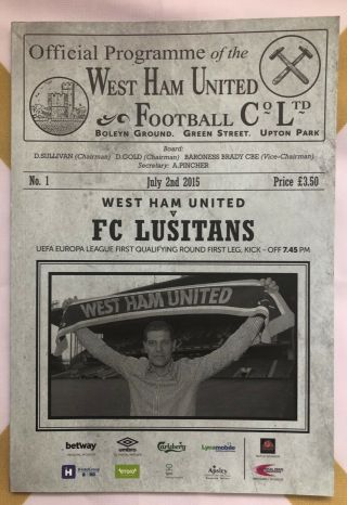 West Ham Utd Vs Fc Lusitans - Europa League - Programme - P&p - Very Rare