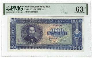 Romania 1000 Lei 1950,  P - 87 Banca De Stat,  Pmg 63 Epq Choice Unc,  Rare Grade
