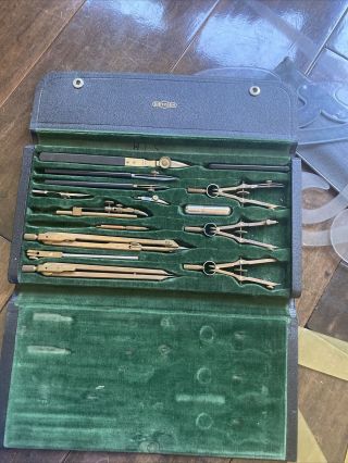 Vintage Drafting Tool Instrument Set Dietzgen Brass Rare Set