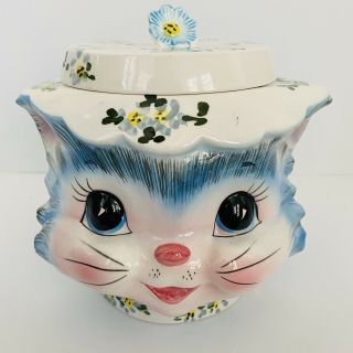 Rare Vintage Lefton " Miss Priss " 1502 Blue Kitty Cookie Jar W/lid 7.  5 " Flaw