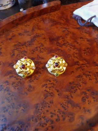 Rare Signed Natasha Stambouli 24k Gold Plate Semi Precious Stone Clip Earrings