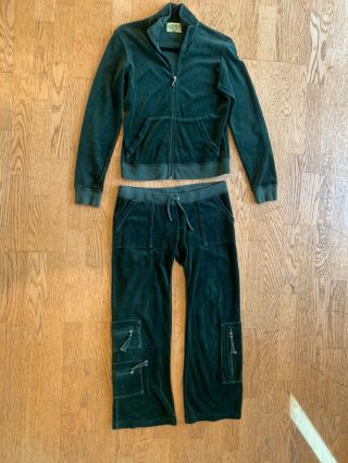 Juicy Couture Rare Green Velour Velvet Track Suit Set Jacket L Pants M