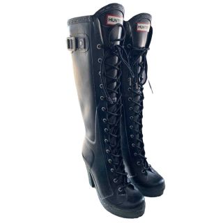 Rare Hunter Lapins Lace Up Heel Rain Boots Black Sz 5