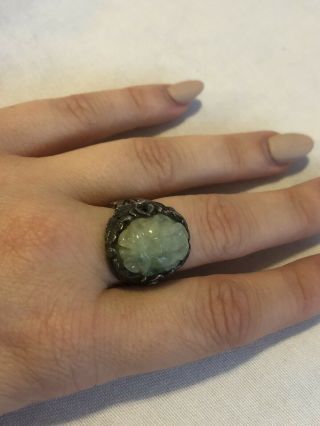 Rare - Antique Chinese 19thc Sterling Carved Green Jade Ring Adjustable Size 7