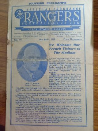 No 171 Rangers V Racing Club De Paris 13th April 1955 Very Rare