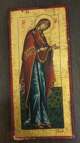 Orthodox Hand Painted On Wood Mary Mother Of Jesus Standing Rare Icon.  Signed.