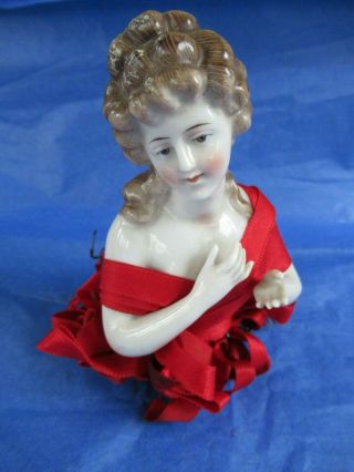Vintage Rare Antique German Porcelain Pin Cushion Half Doll,  Arms & Hands Away