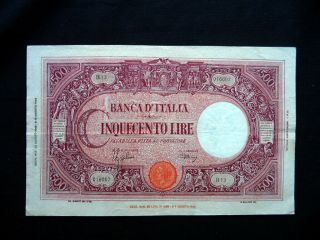 1943 Italy Rare Extra Large Banknote 500 Lire Vf,  /xf