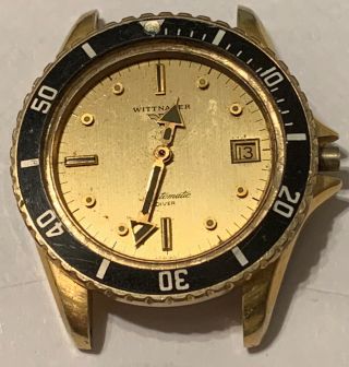 Vintage Rare Wittnauer Automatic Dive Watch Gold Dial Day Date Diver Broad Arrow