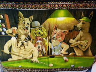 Vintage Cotton Tapestry Wall Hanging Dtc Dogs Playing Pool Billards Rare 57 X 38