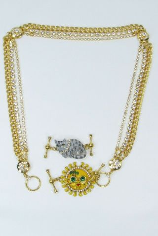 Rare Lunch At The Ritz 3 Strand Cat & Sun Toggle Link Charms Gold Tone Necklace