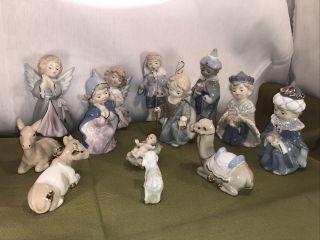 Nativity 13 Piece Hand Painted Porcelain Pastel Gold Trim Children’s Faces Rare