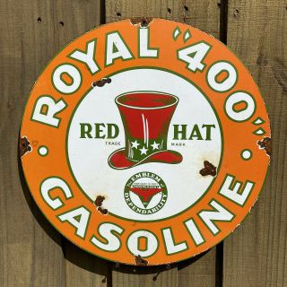 Vintage Independent Oil Red Hat Porcelain Metal Sign Xl 19 " Royal 400 Gas Rare