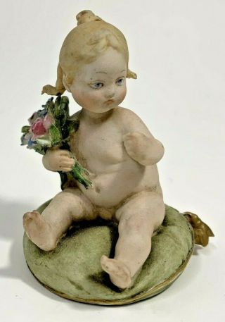 Rare Capodimonte Giuseppe Cappe 1972 Porcelain Baby Girl With Flowers 2.  75 "
