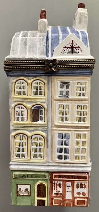 Limoges Peint Main Tall Storefront Building Large Collector Box Rare