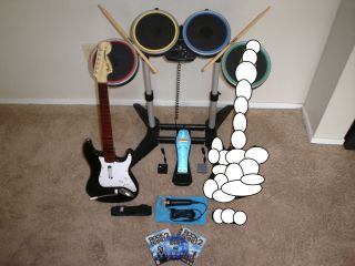 Ps3 Rock Band 2 Complete Wireless Band Drums (1) Guitar (2) Dongles Game Mic Rare